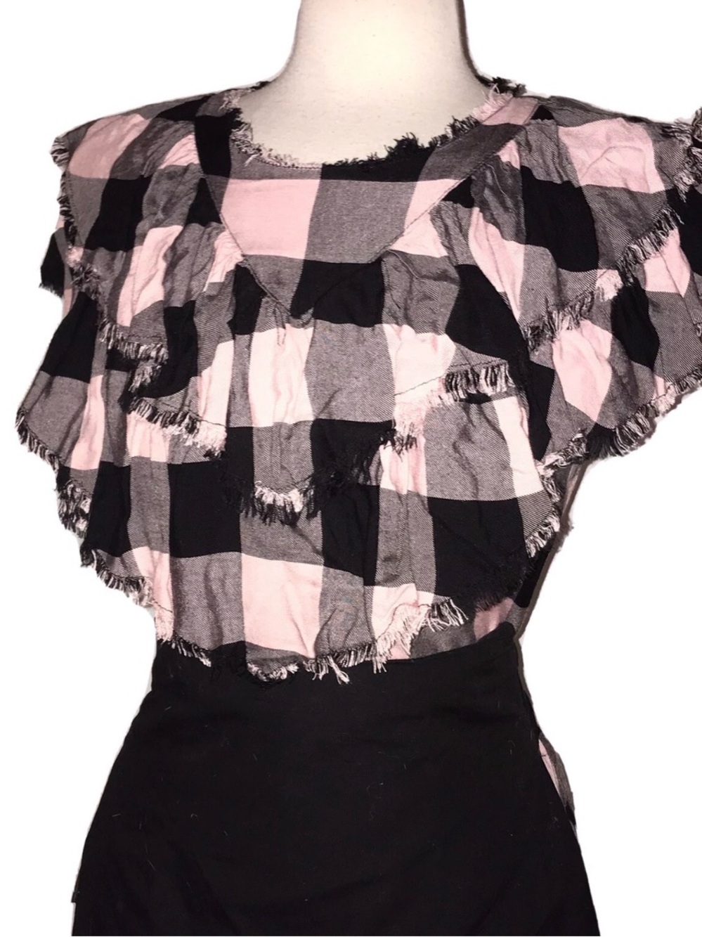 NWT Zara Pink & Black Check Ruffle Button Front Sleeveless Blouse Top